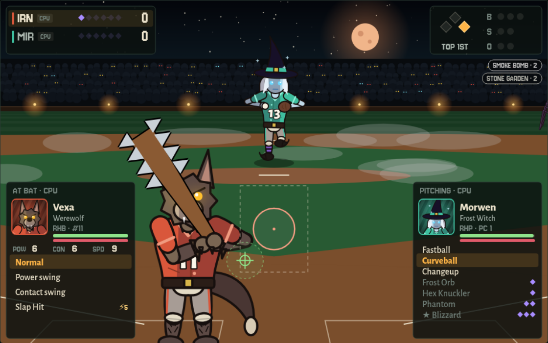 Brimstone Diamond: Vexa, a werewolf batter with a spiked bat, faces Morwen, a frost witch pitcher, under a full moon. Side panels show the batter's stances and the pitcher's pitches, including magic ones like Frost Orb and Phantom