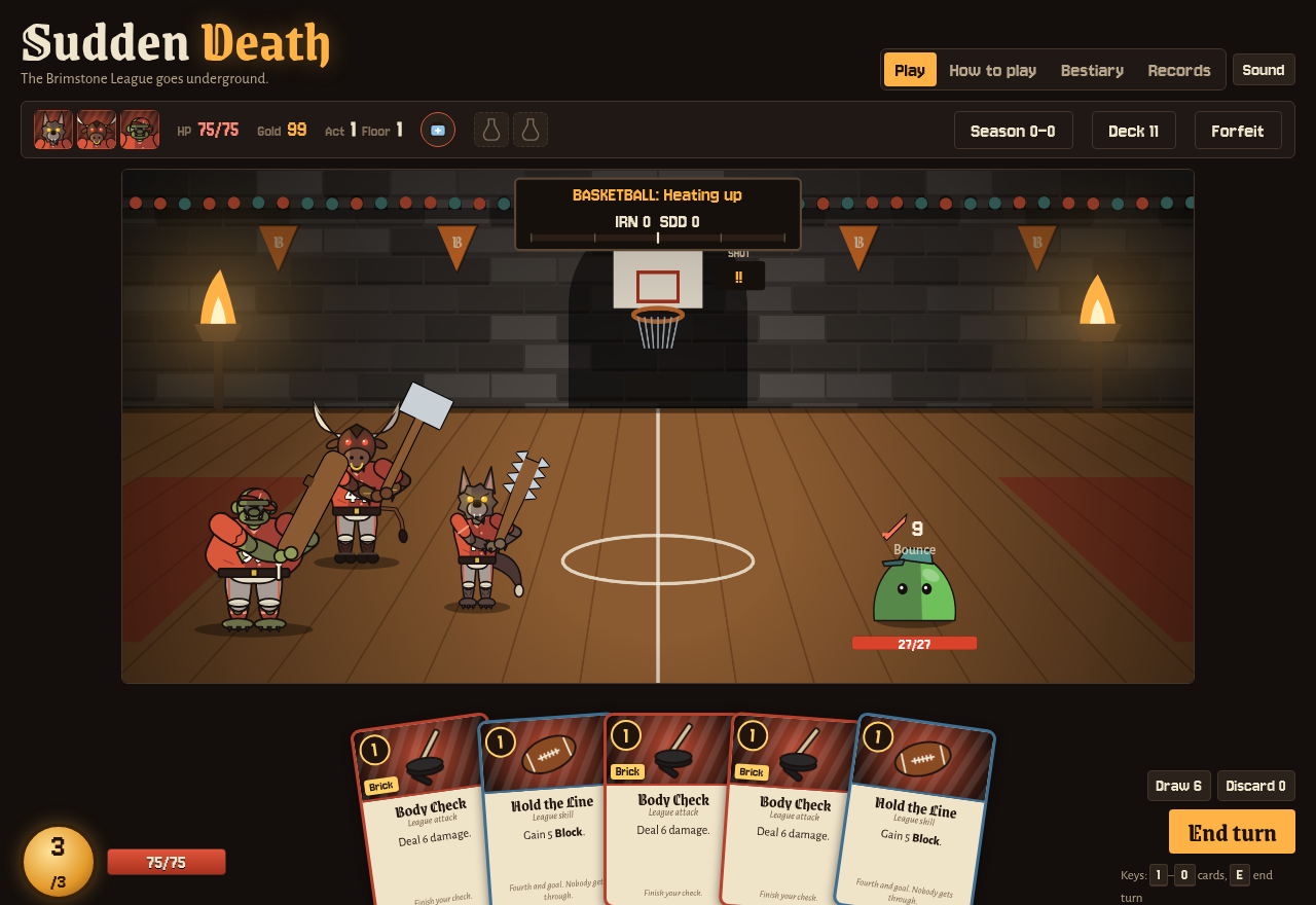 A Sudden Death fight on a basketball court: an ogre, a minotaur and a werewolf face a green slime, with a hand of five cards along the bottom and the scoreboard reading Basketball: Heating up