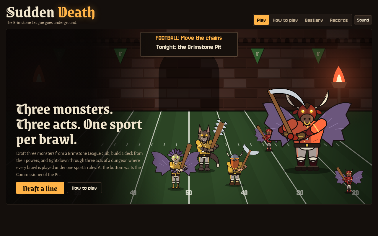 Sudden Death title screen: three Brimstone League monsters, a goblin, a werewolf and a dwarf, face the horned, winged Ash Baron on a football field inside a torchlit dungeon