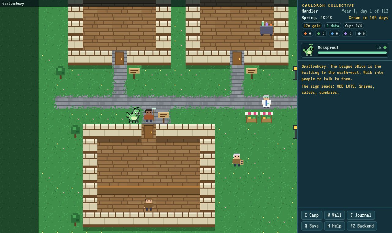 Terra Chimera: a pixel-art town square in Graftonbury with houses, market stalls and townsfolk, a green Mossprout chimera on the road, and the side panel showing the handler's gold, calendar and team