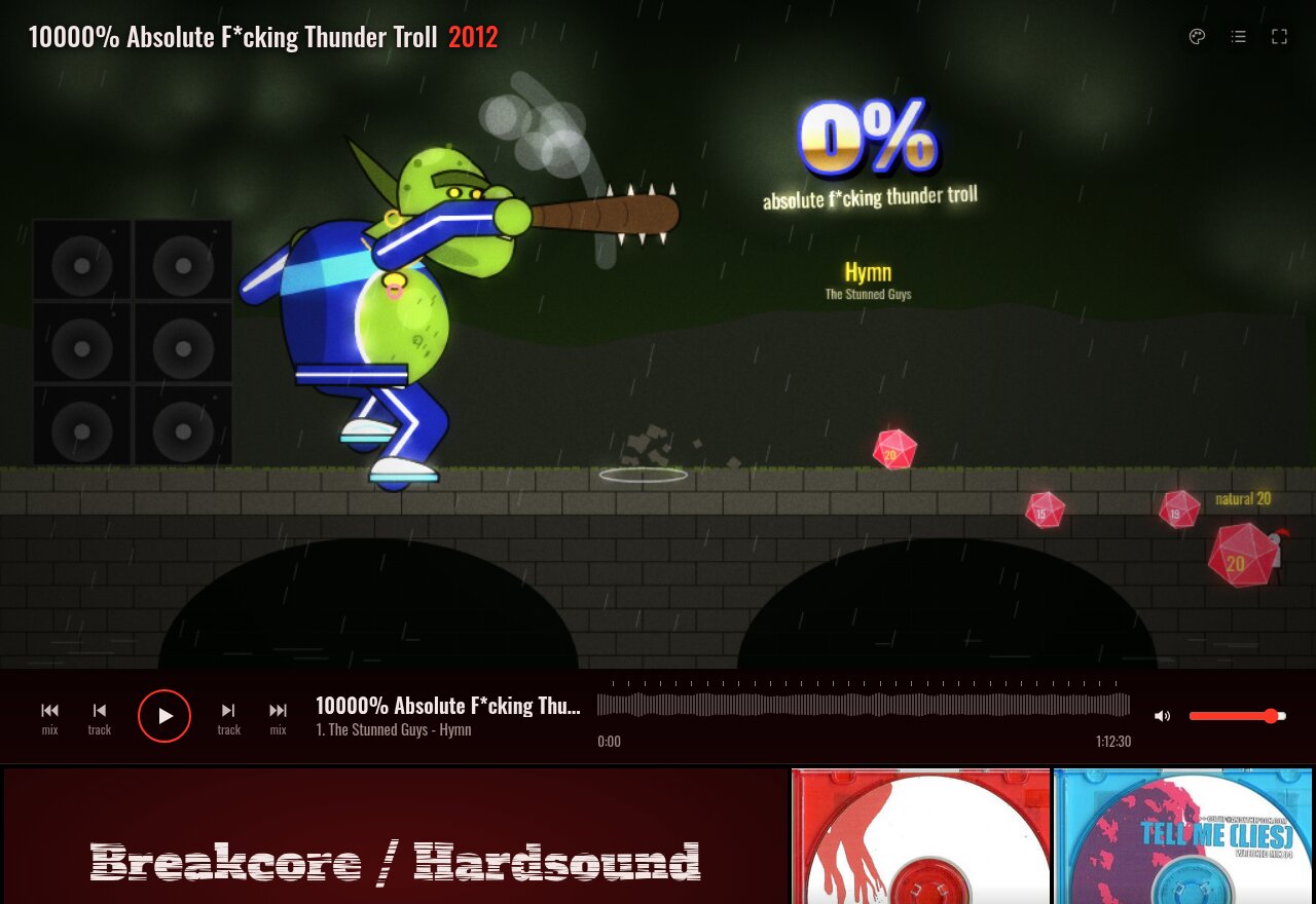 The Breakcore / Hardsound player on 10000% Absolute F*cking Thunder Troll: a green troll in a blue tracksuit swings a spiked club on a stone bridge in the rain, beside a speaker stack, with red dice tumbling and a chrome counter reading 0%