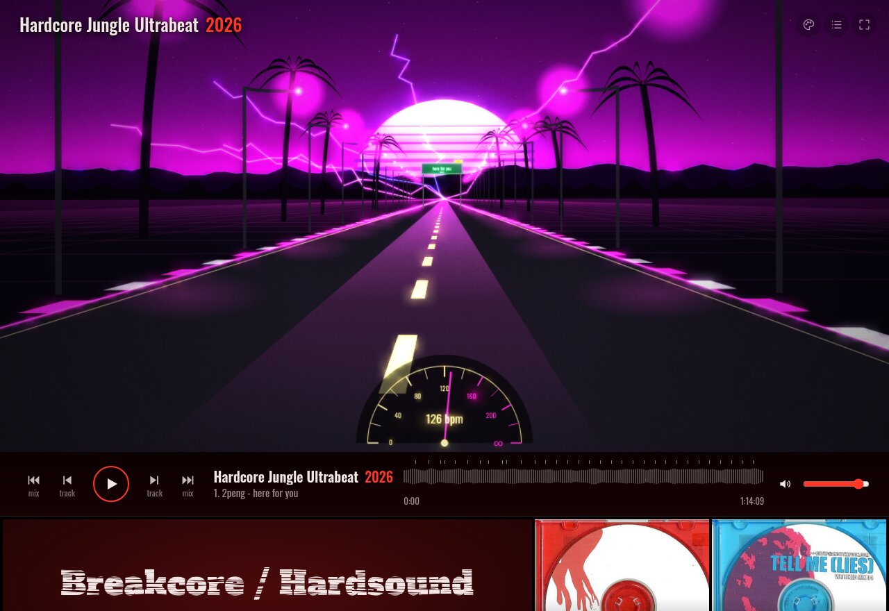 The Breakcore / Hardsound player on Hardcore Jungle Ultrabeat: a night highway between palm trees runs toward a pink striped sun, with plasma lightning across a magenta sky and a speedometer reading the tempo in BPM