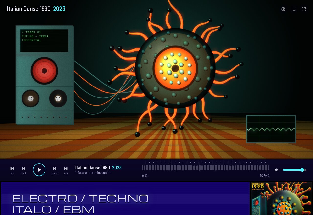 The Electro / Techno / Italo / EBM player on Italian Danse 1990: a studded sphere with a glowing core and orange tendrils, wired to an old tape computer whose screen types out the current track, over an orange sunburst floor