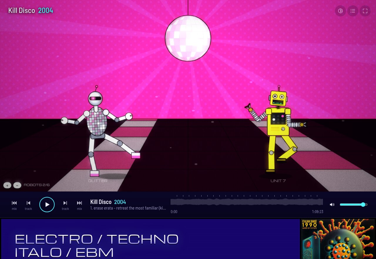 The Electro / Techno / Italo / EBM player on Kill Disco: a chrome disco robot and a boxy yellow toy robot dance on a checkered floor under a mirror ball, against hot pink rays