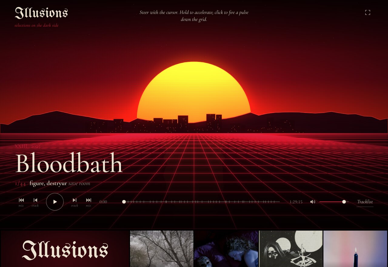 The Illusions player on Bloodbath: a huge yellow synthwave sun sets behind a city skyline over a glowing red grid, with the mix title, current track and playback controls over it