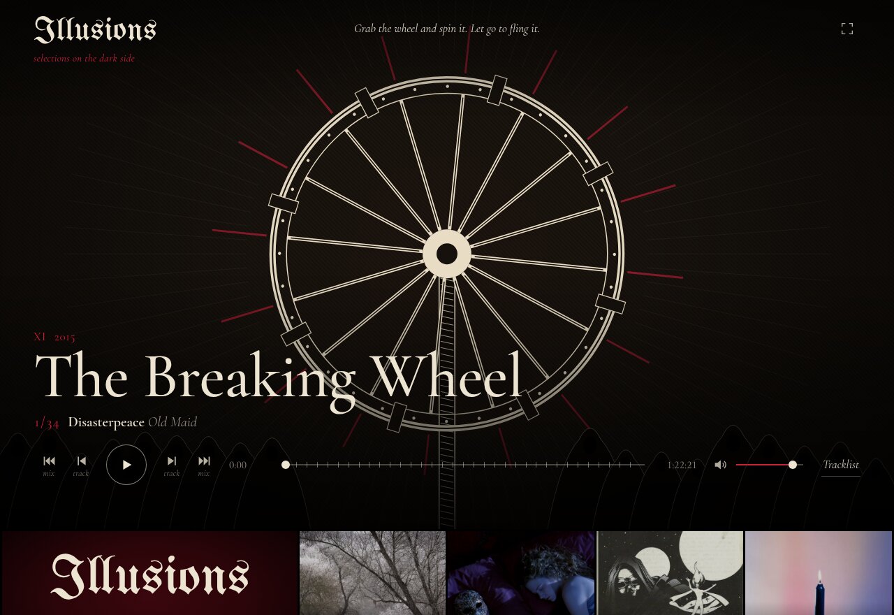 The Illusions player on The Breaking Wheel: a pale spoked wheel on a pole against a dark background, with red rays radiating out from it